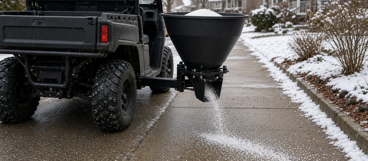 A black cone-shaped spreader on the back of a utility vehicle spreading salt on a sidewalk, in Grand Rapids, Michigan