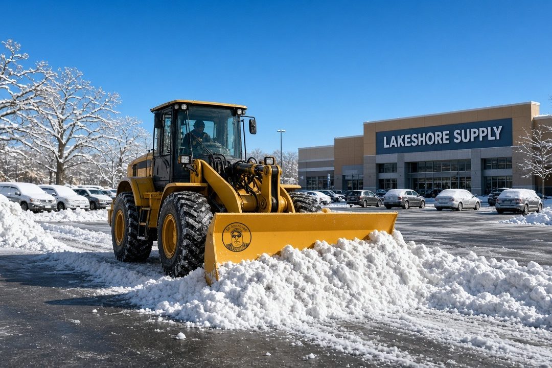 A yellow wheel loader with a DC Approved plow blade pushing a big pile of snow across a store parking lot, with snow-covered trees, parked cars, a large store building and a clear blue sky behind it, in Grand Rapids, Michigan