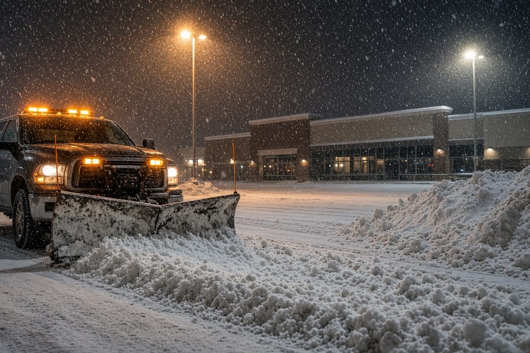 A dark pickup with amber lights and a front plow blade pushing snow across a parking lot at night, with tall pole lights, a storefront building and a snow pile behind it, in Grand Rapids, Michigan