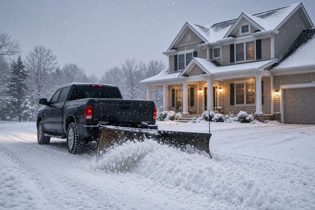 A dark pickup with a plow blade at its rear pushing snow down a driveway in front of a two-story house with lit windows and snow on the roof, in Grand Rapids, Michigan