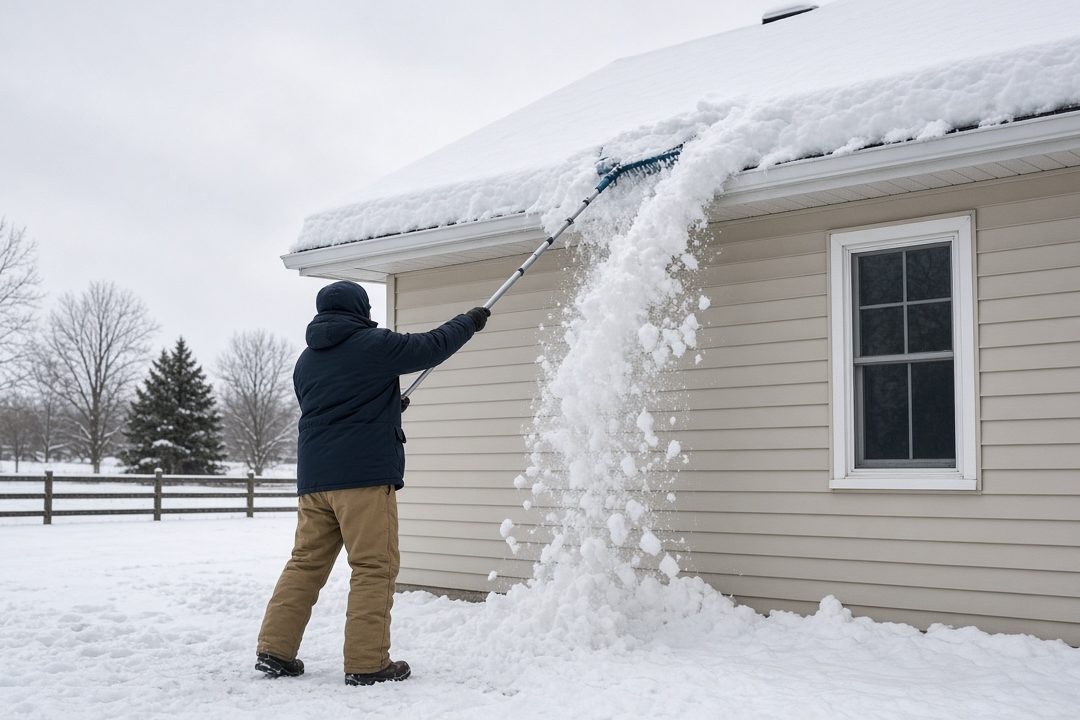 A person standing on the ground pulling snow off the roof edge of a house with a long roof rake, in Grand Rapids, Michigan
