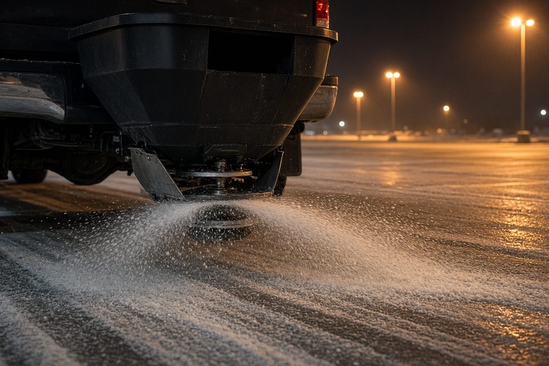 A black tailgate hopper on the back of a truck spreading salt across a parking lot at night, in Grand Rapids, Michigan