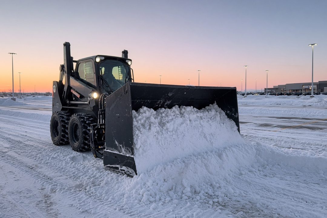 A black snow pusher box on a wheeled skid steer pushing snow across a big parking lot at dawn, in Grand Rapids, Michigan